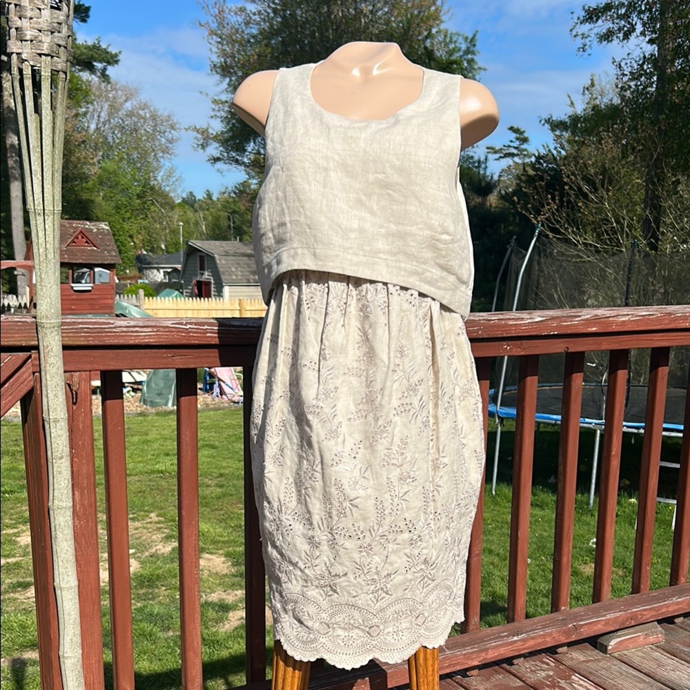 Adam Lippes Cream Tan Sleeveless Linen Sundress Size 10 - Embroidered - Eyelets